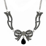 Black Onyx Drop in a Bow Marcasite Necklace Set | Hallmark 925 Silver