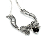 Black Onyx Drop in a Bow Marcasite Necklace Set | Hallmark 925 Silver