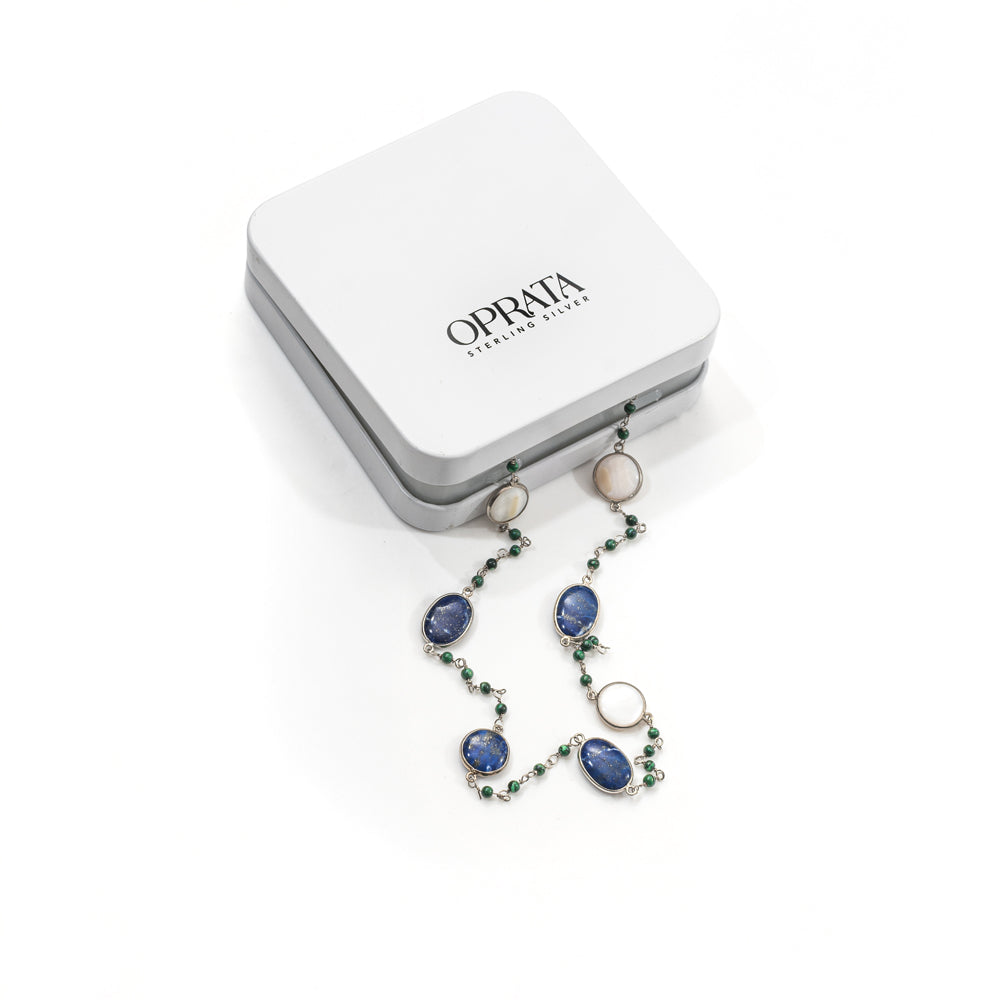 Lapis Malachite MOP Gemstone Necklace | 925 Silver for Woman