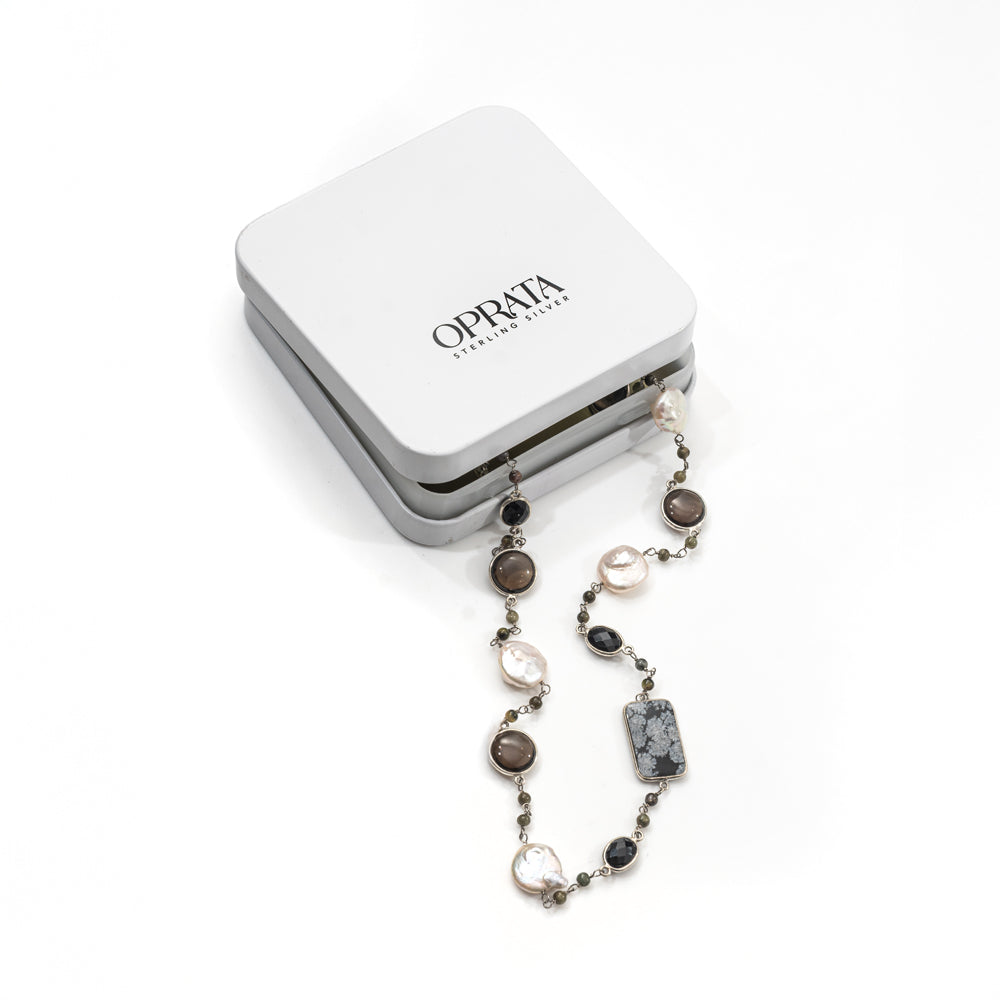 Obsidian Smokey MOP Gemstone Necklace | 925 Silver for Woman