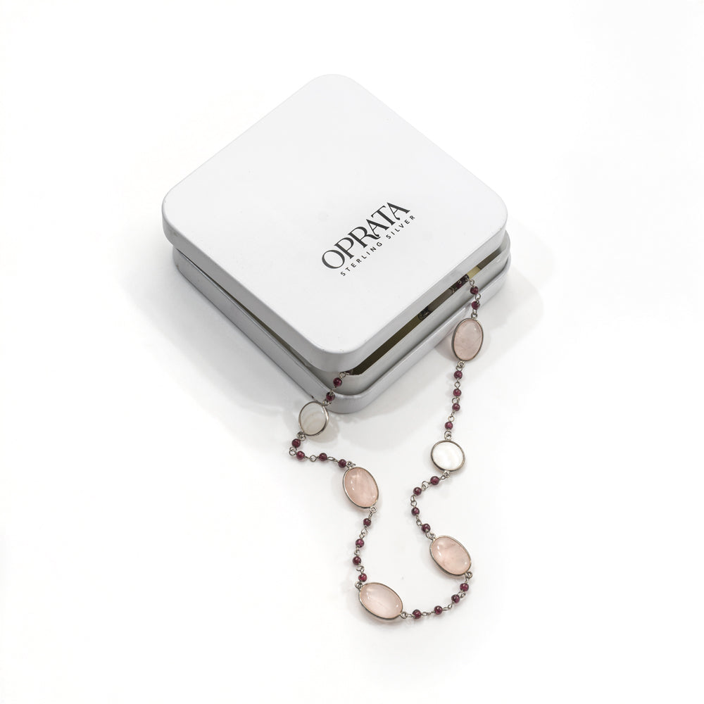 Rose Qz & Garnet Gemstone Necklace | 925 Silver for Woman