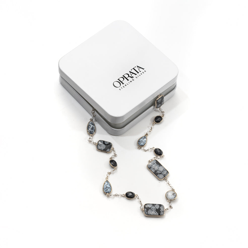 Obsidian Black Onyx & Dendritic Agate Gemstone Necklace | 925 Silver for Woman