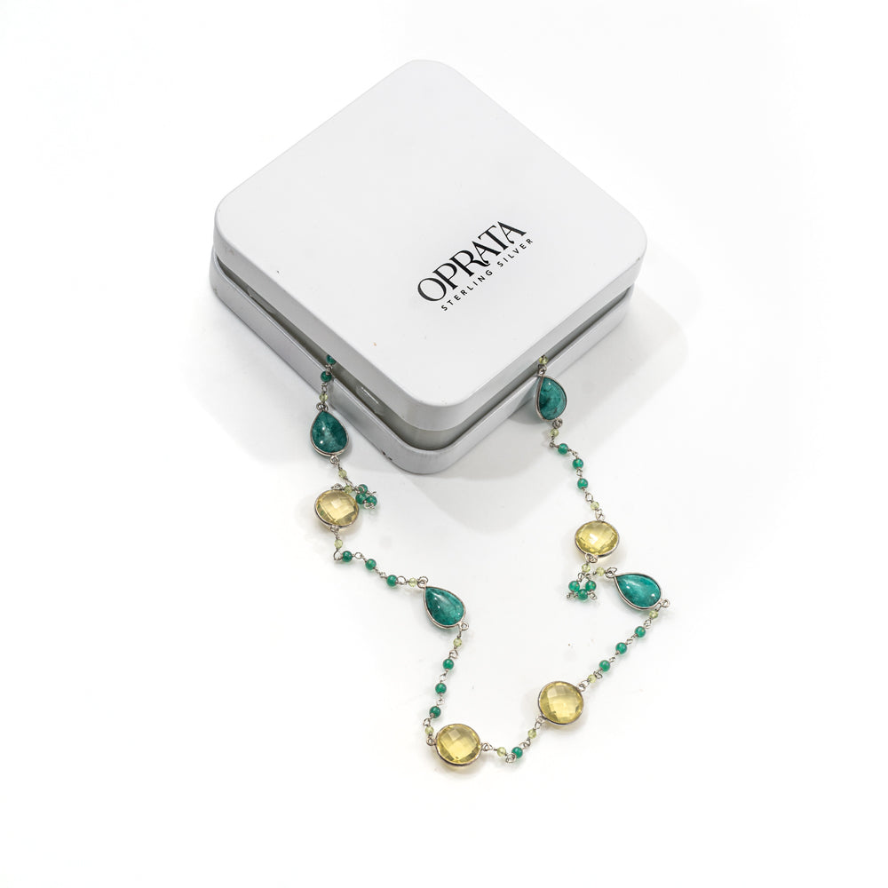 Lemon Qz & Corundum Gemstone Necklace | 925 Silver for Woman