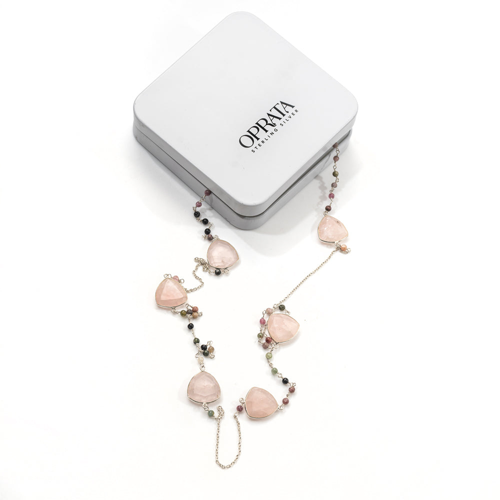 Tourmaline & Rose Quartz Long Gemstone Necklace | 925 Silver for Woman - OPRATA