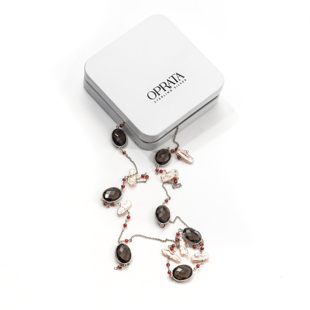 Smokey CZ & Biya Long Gemstone Necklace | 925 Silver for Woman