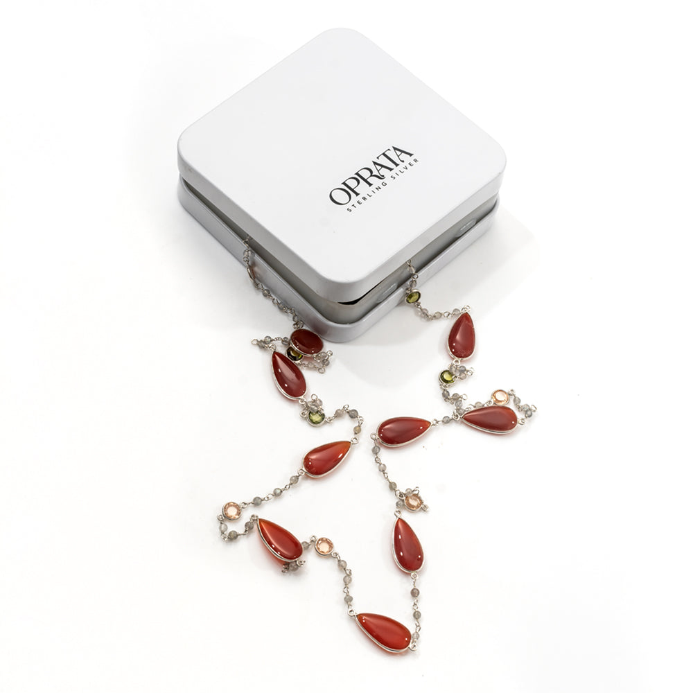 Red Onyx Cz labradorite long Gemstone Necklace | 925 Silver for Woman