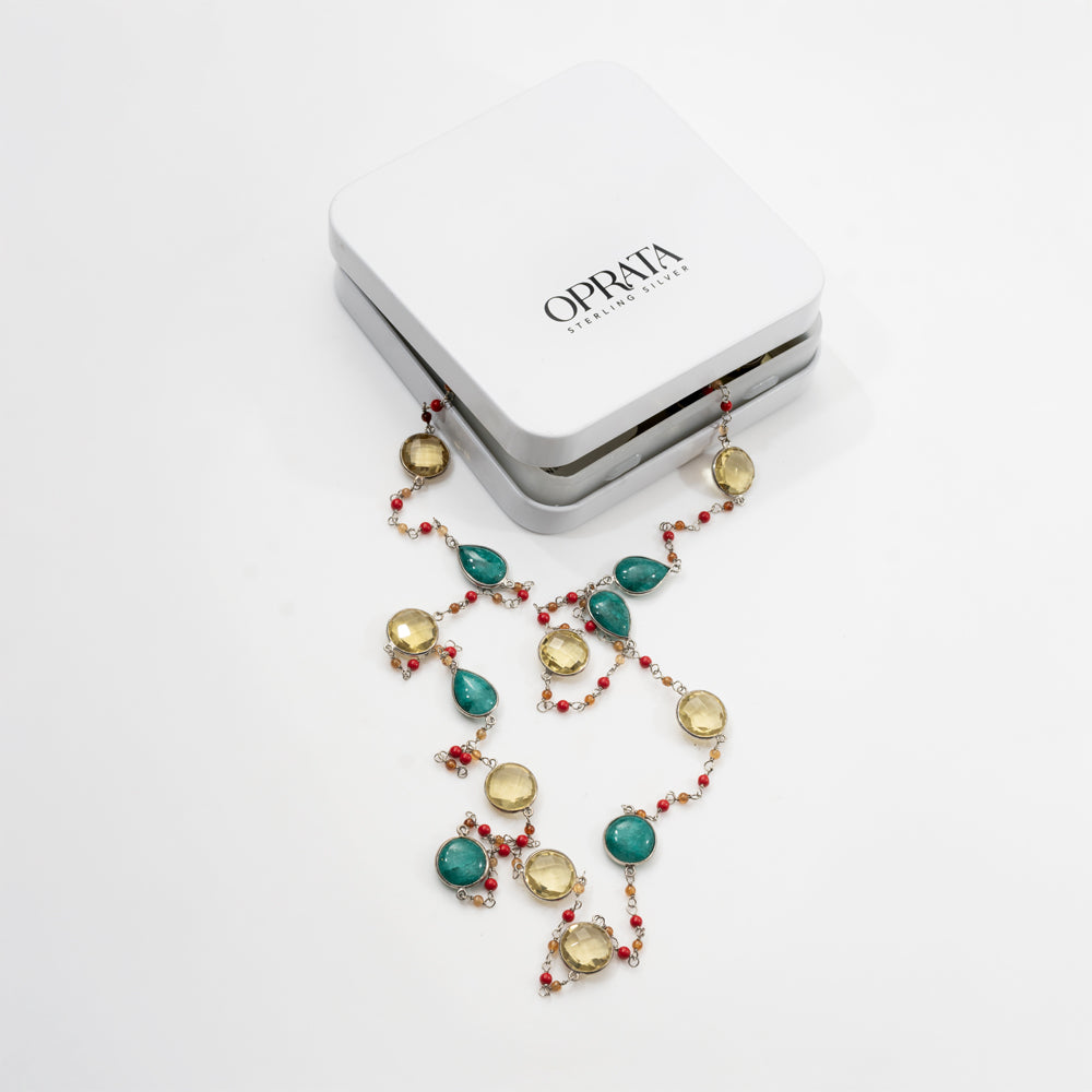 Lemon Qz & corundum long Gemstone Necklace | 925 Silver for Woman