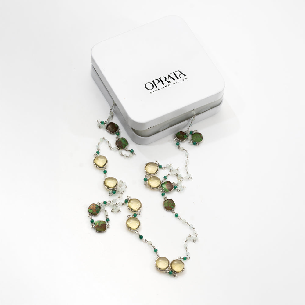 Lemon Qz & Copper TQ Long Gemstone Necklace | 925 Silver for Woman
