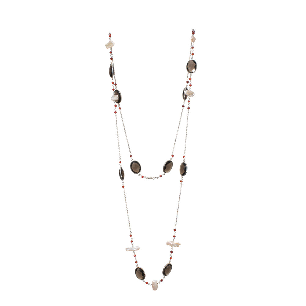 Smokey CZ & Biya Long Gemstone Necklace | 925 Silver for Woman
