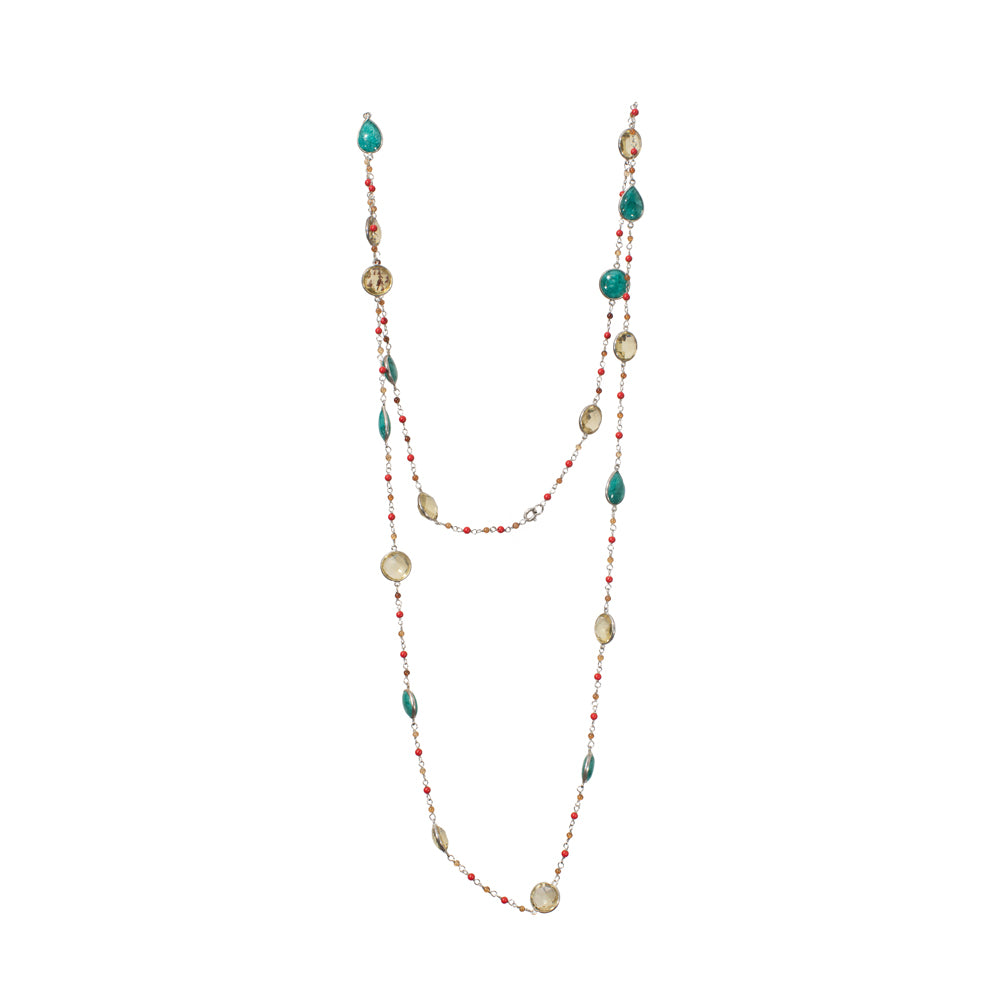 Lemon Qz & corundum long Gemstone Necklace | 925 Silver for Woman