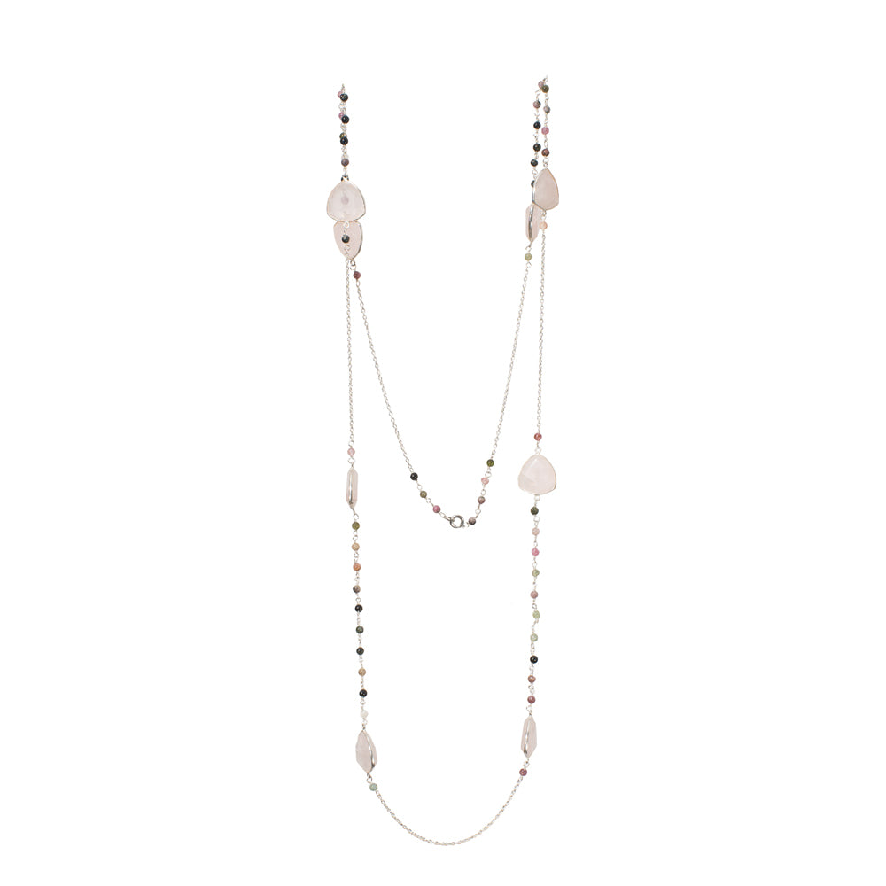 Tourmaline & Rose Quartz Long Gemstone Necklace | 925 Silver for Woman - OPRATA