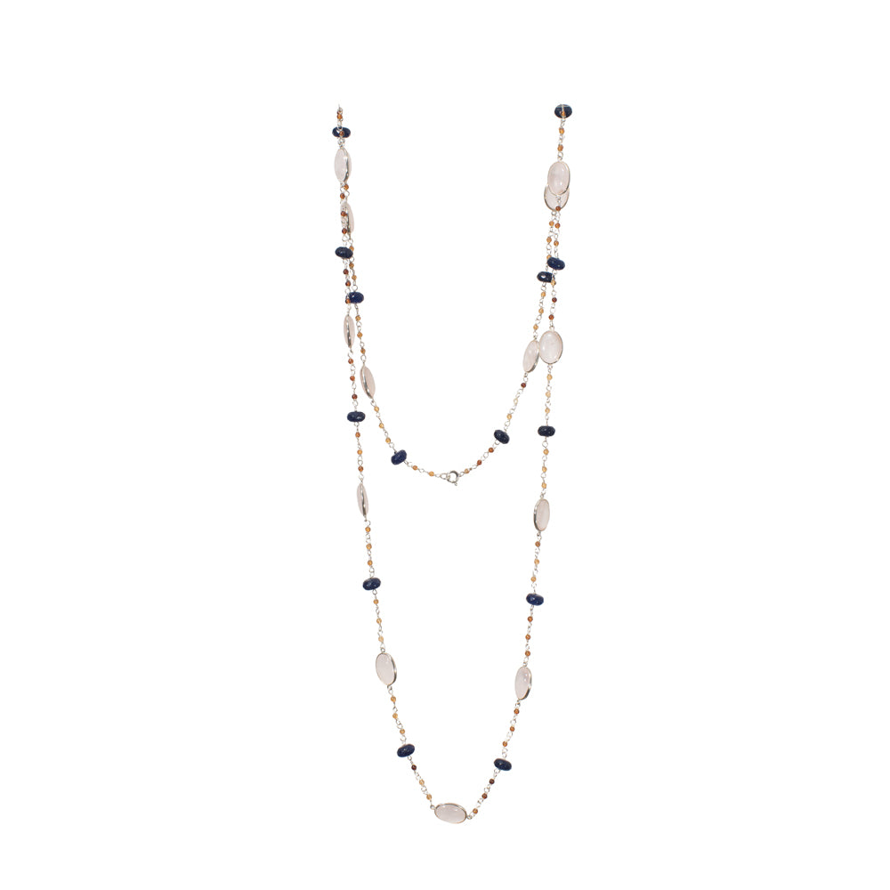 Rose Qz Onyx & Hessonite long Gemstone Necklace | 925 Silver for Woman