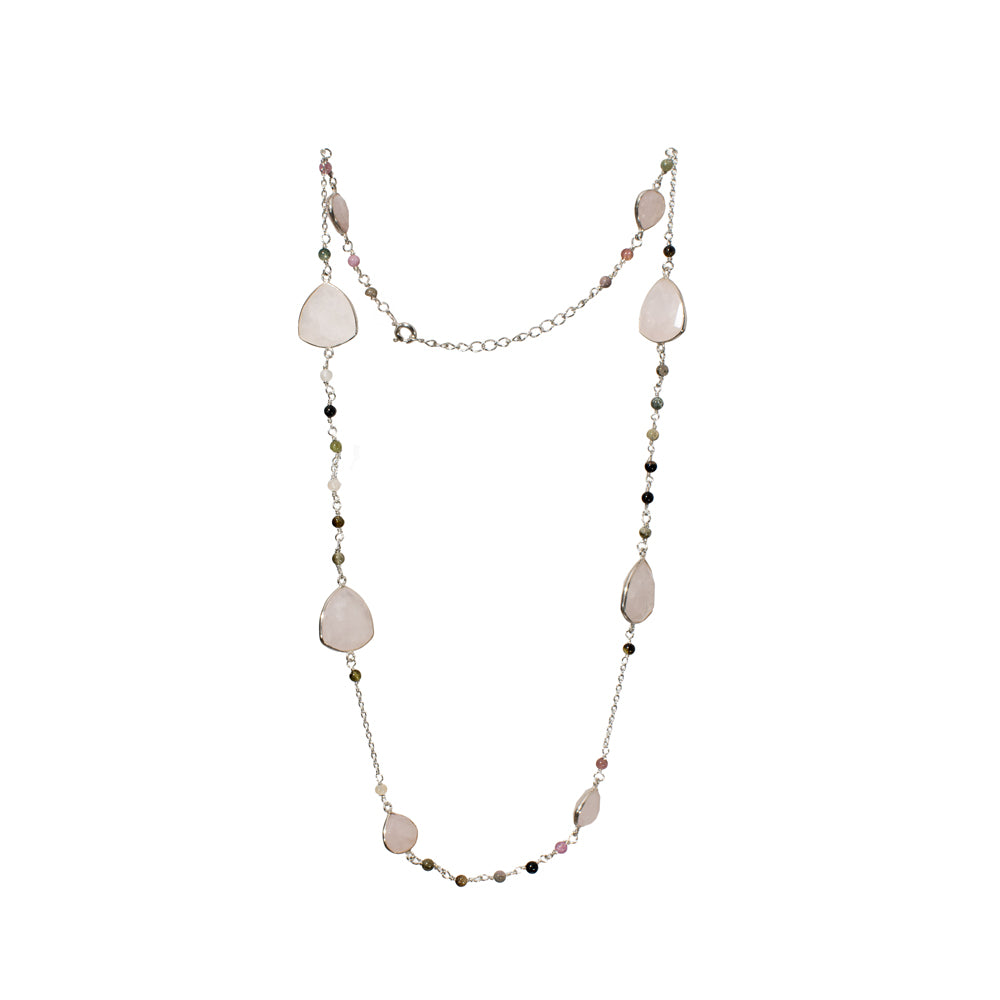 Tourmaline & Rose Quartz Gemstone Necklace | 925 Silver for Woman
