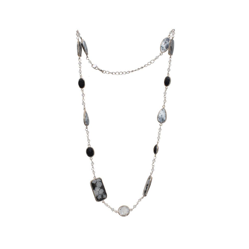 Obsidian Black Onyx & Dendritic Agate Gemstone Necklace | 925 Silver for Woman