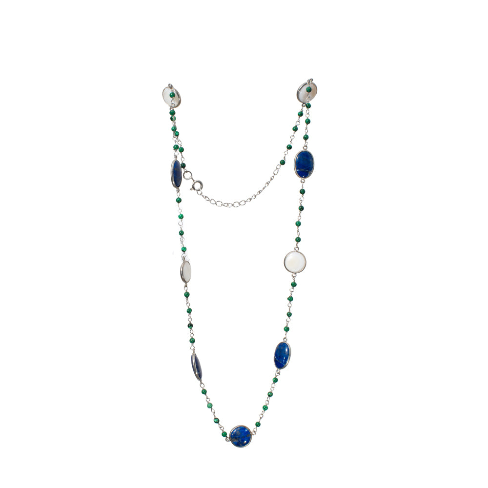 Lapis Malachite MOP Gemstone Necklace | 925 Silver for Woman