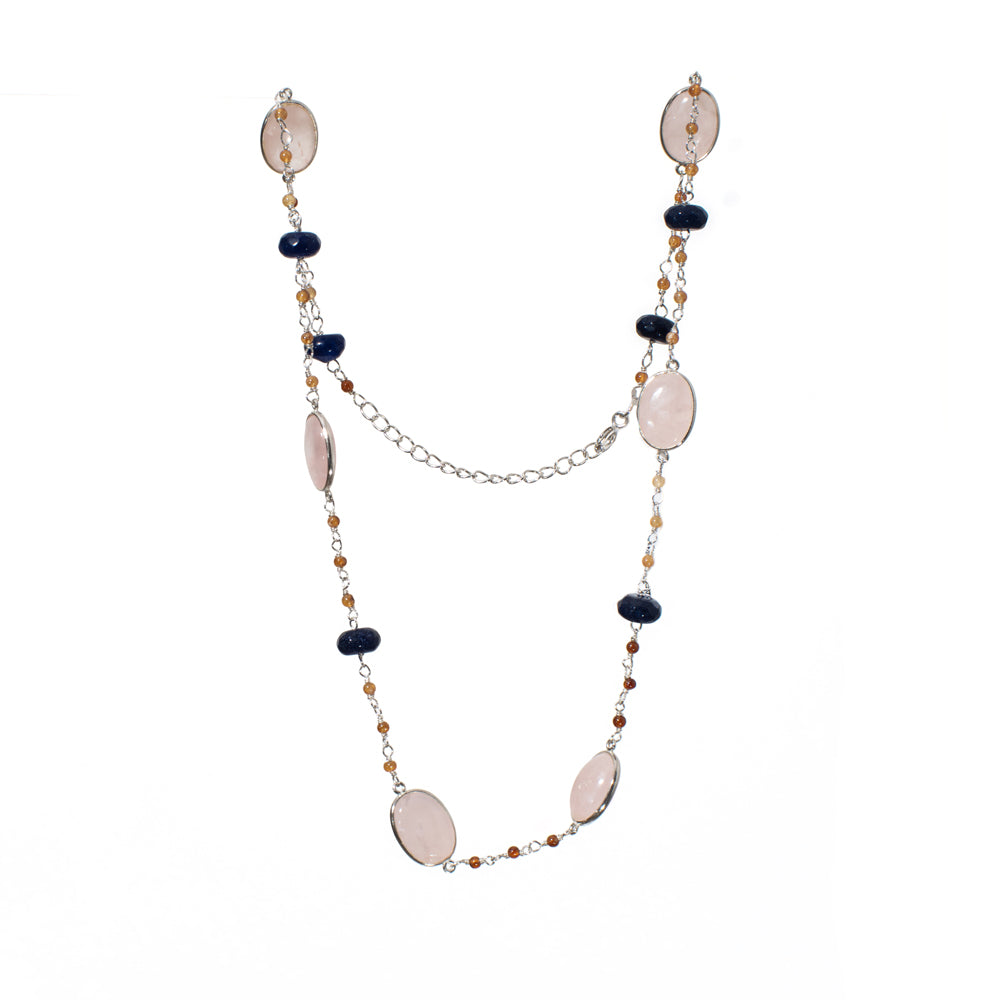 Rose Qz Onyx & Hessonite Gemstone Necklace | 925 Silver for Woman
