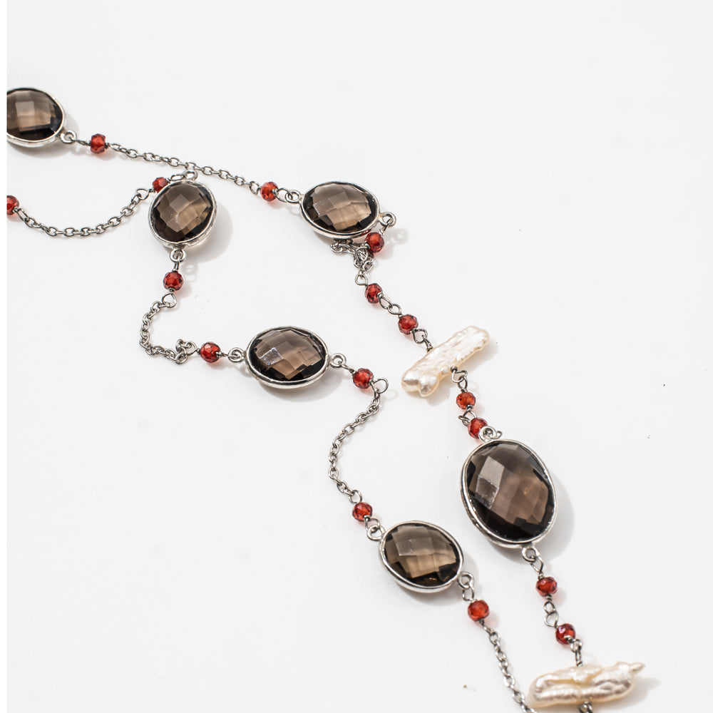 Smokey CZ & Biya Long Gemstone Necklace | 925 Silver for Woman