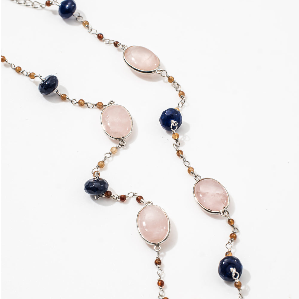 Rose Qz Onyx & Hessonite Gemstone Necklace | 925 Silver for Woman