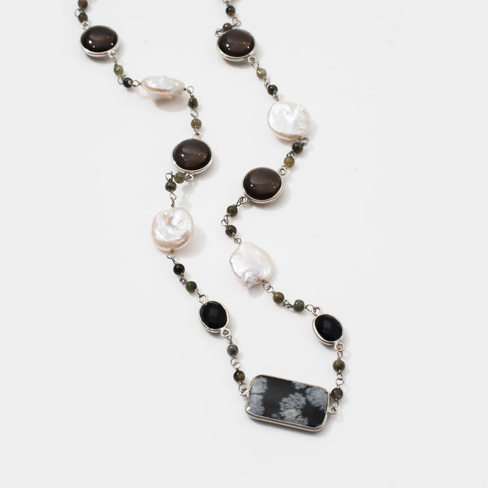 Obsidian Smokey MOP Gemstone Necklace | 925 Silver for Woman