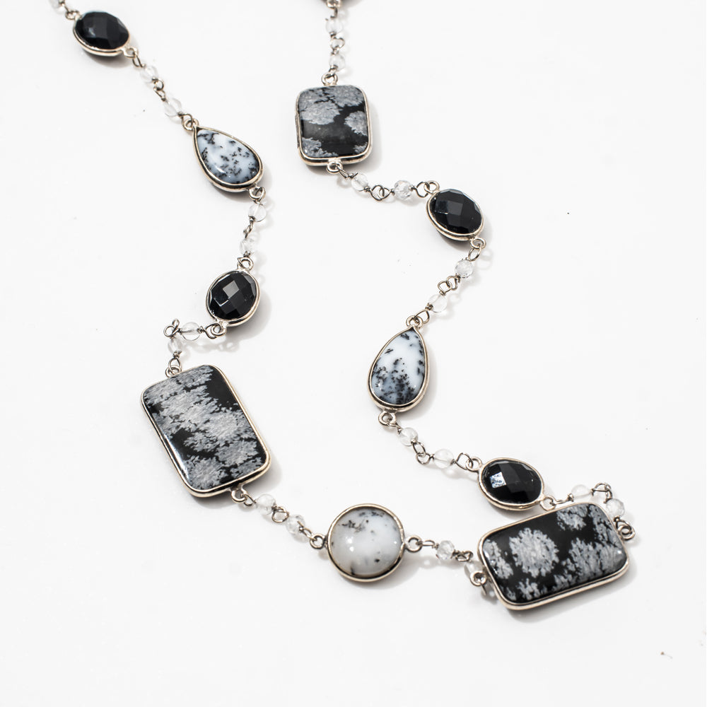 Obsidian Black Onyx & Dendritic Agate Gemstone Necklace | 925 Silver for Woman
