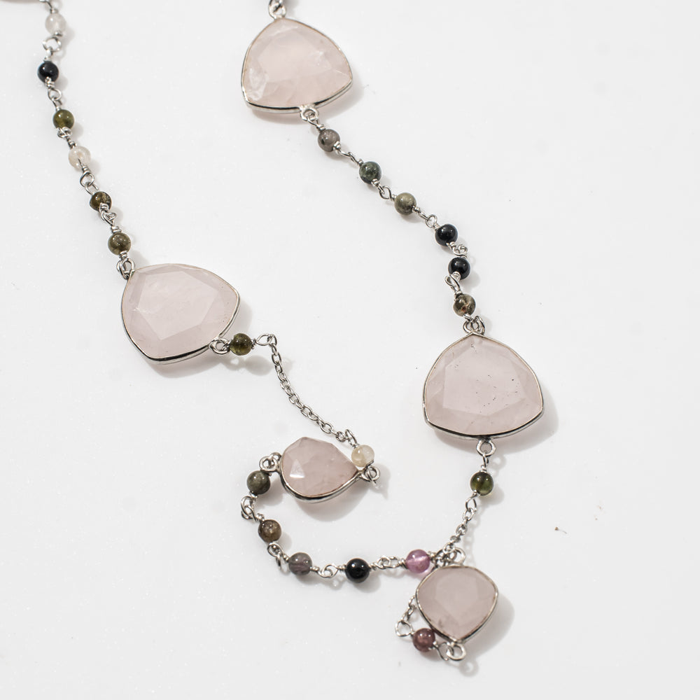 Tourmaline & Rose Quartz Gemstone Necklace | 925 Silver for Woman