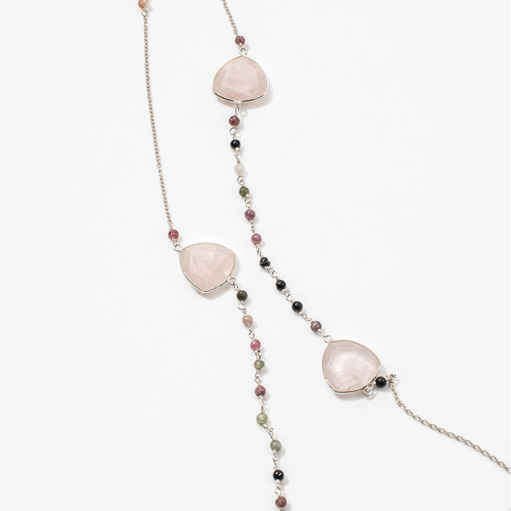Tourmaline & Rose Quartz Long Gemstone Necklace | 925 Silver for Woman - OPRATA