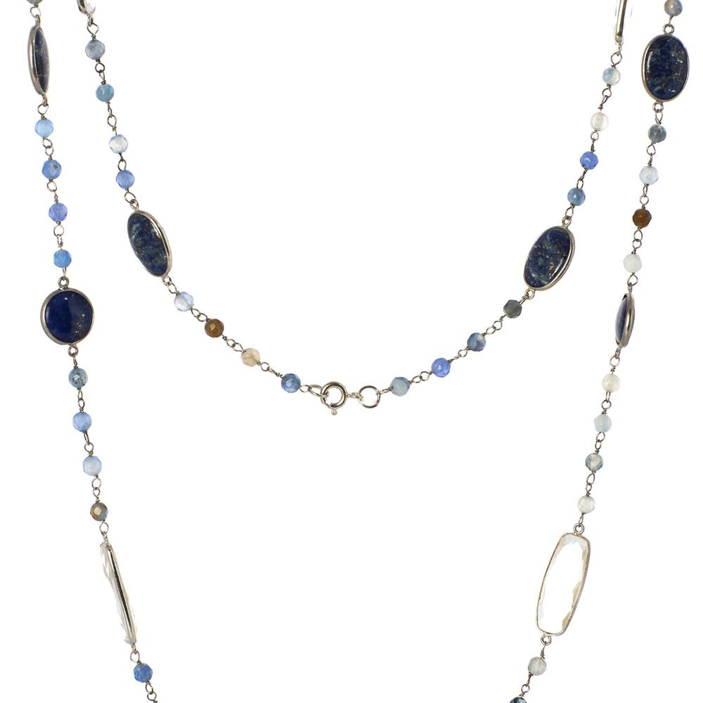 Lapis Lazuli & Crystal Long Gemstone Necklace | 925 Silver for Woman