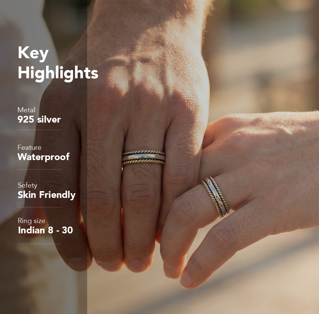 Twisted Gold Border Fluid | 925 Silver Couple Ring