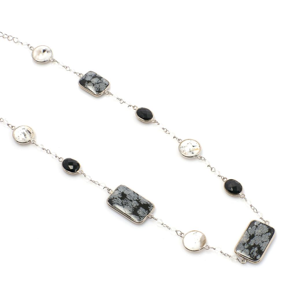 Obsidian, Onyx & Dendrite Agate Gemstone Necklace | 925 Silver for Woman