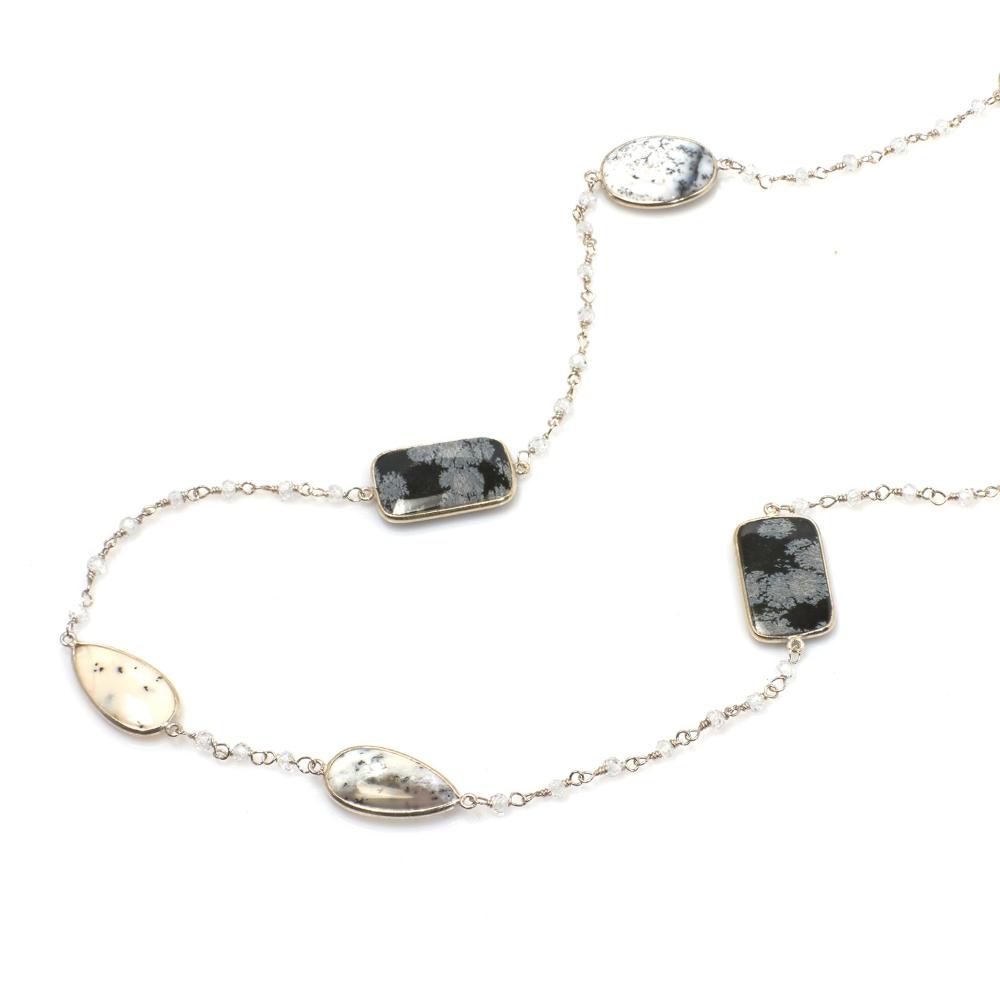 Obsidian, Onyx & Dendrite Agate Long Gemstone Necklace | 925 Silver for Woman