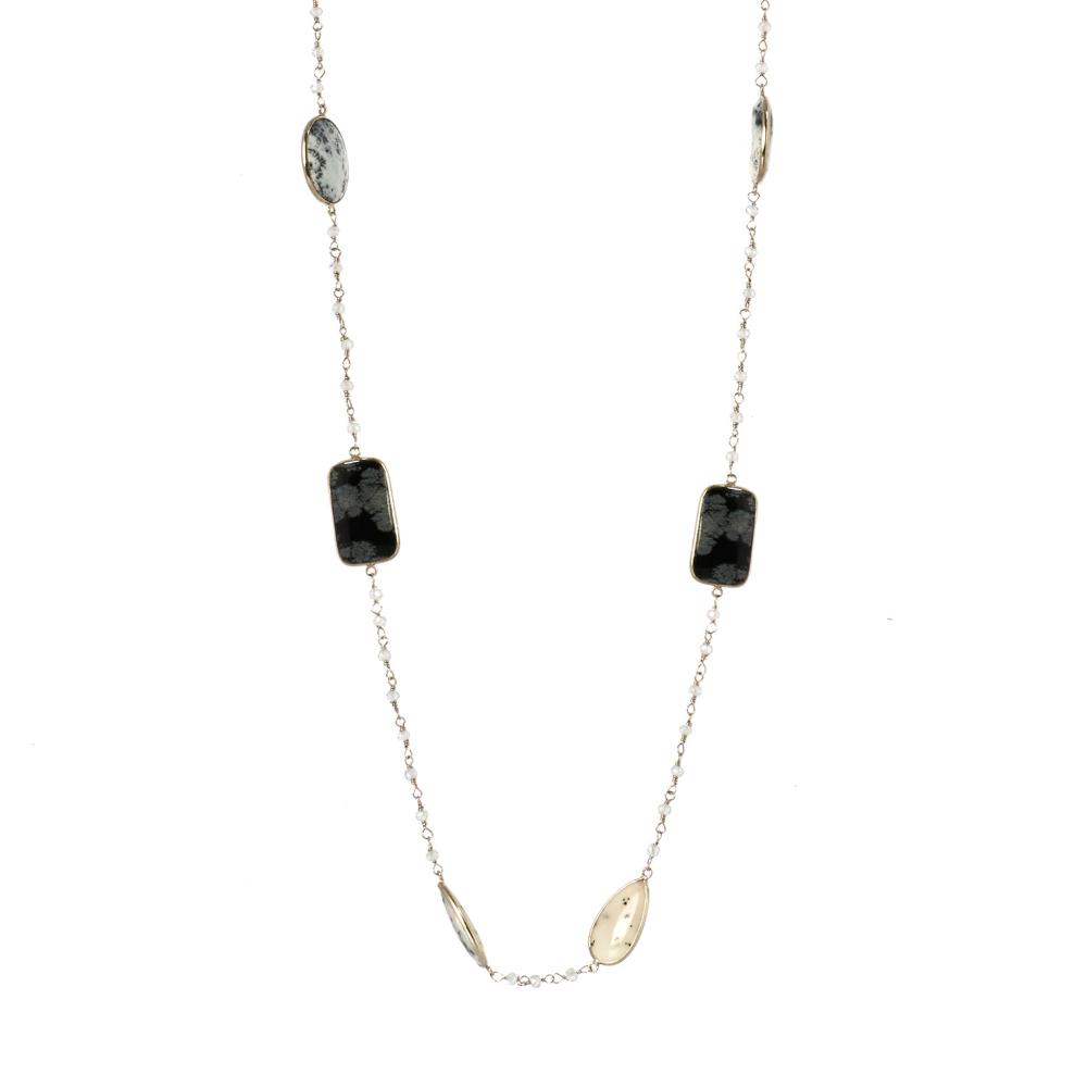 Obsidian, Onyx & Dendrite Agate Long Gemstone Necklace | 925 Silver for Woman