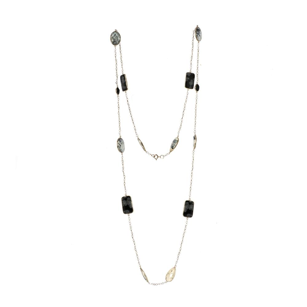 Obsidian, Onyx & Dendrite Agate Long Gemstone Necklace | 925 Silver for Woman