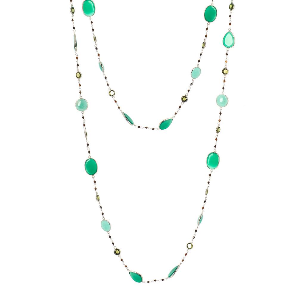 Onyx & Amazonite Long Gemstone Necklace | 925 Silver for Woman