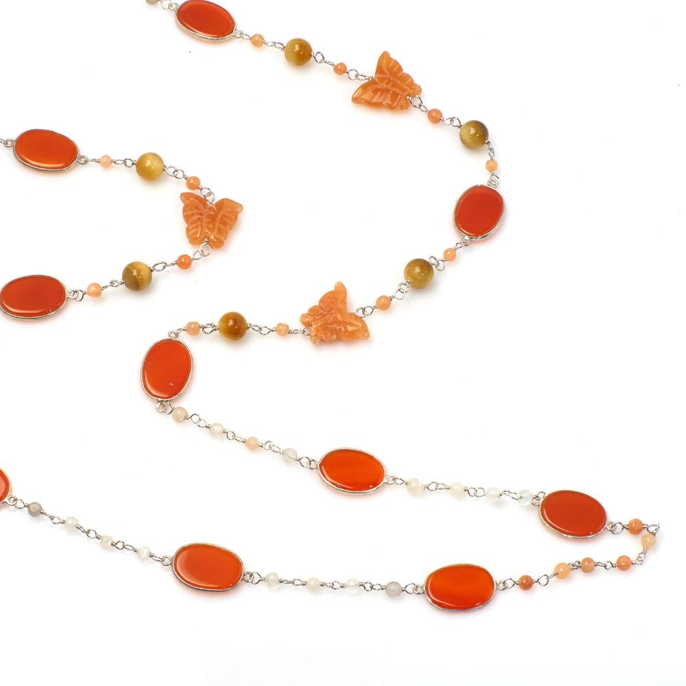 Red Onyx & Aventurine Long Gemstone Necklace | 925 Silver for Woman