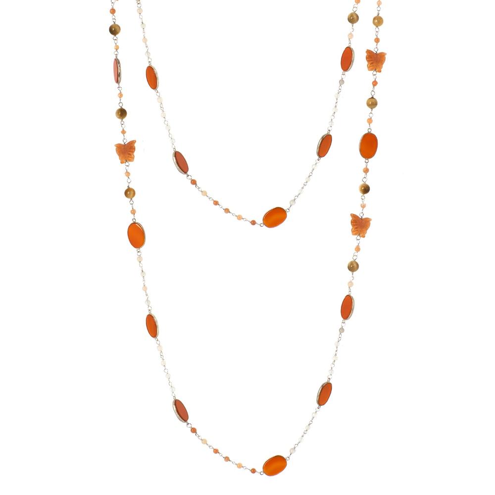 Red Onyx & Aventurine Long Gemstone Necklace | 925 Silver for Woman