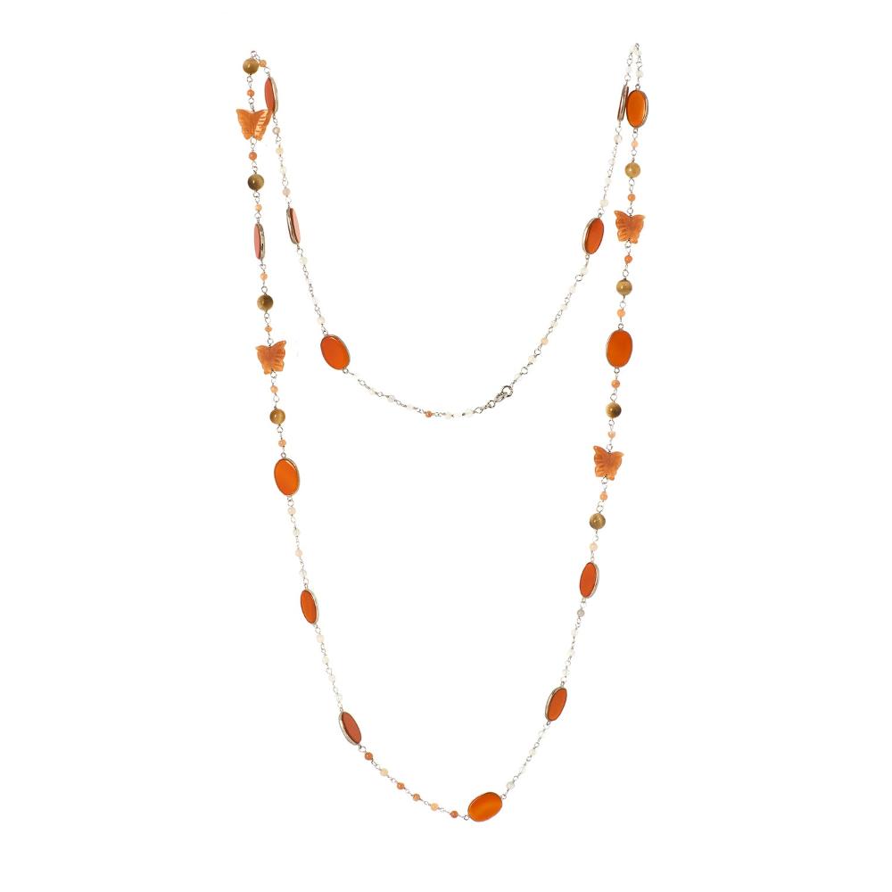 Red Onyx & Aventurine Long Gemstone Necklace | 925 Silver for Woman
