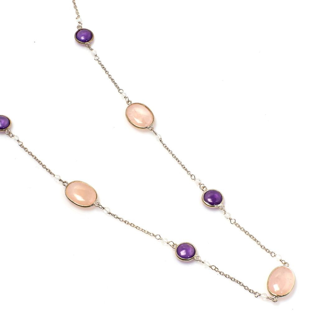 Rose Quartz & Amethyst Gemstone Necklace | 925 Silver for Woman