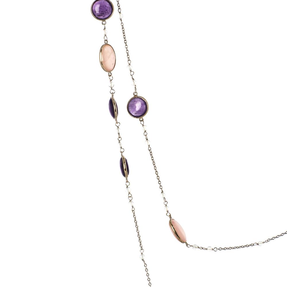 Rose Quartz & Amethyst Long Gemstone Necklace | 925 Silver for Woman