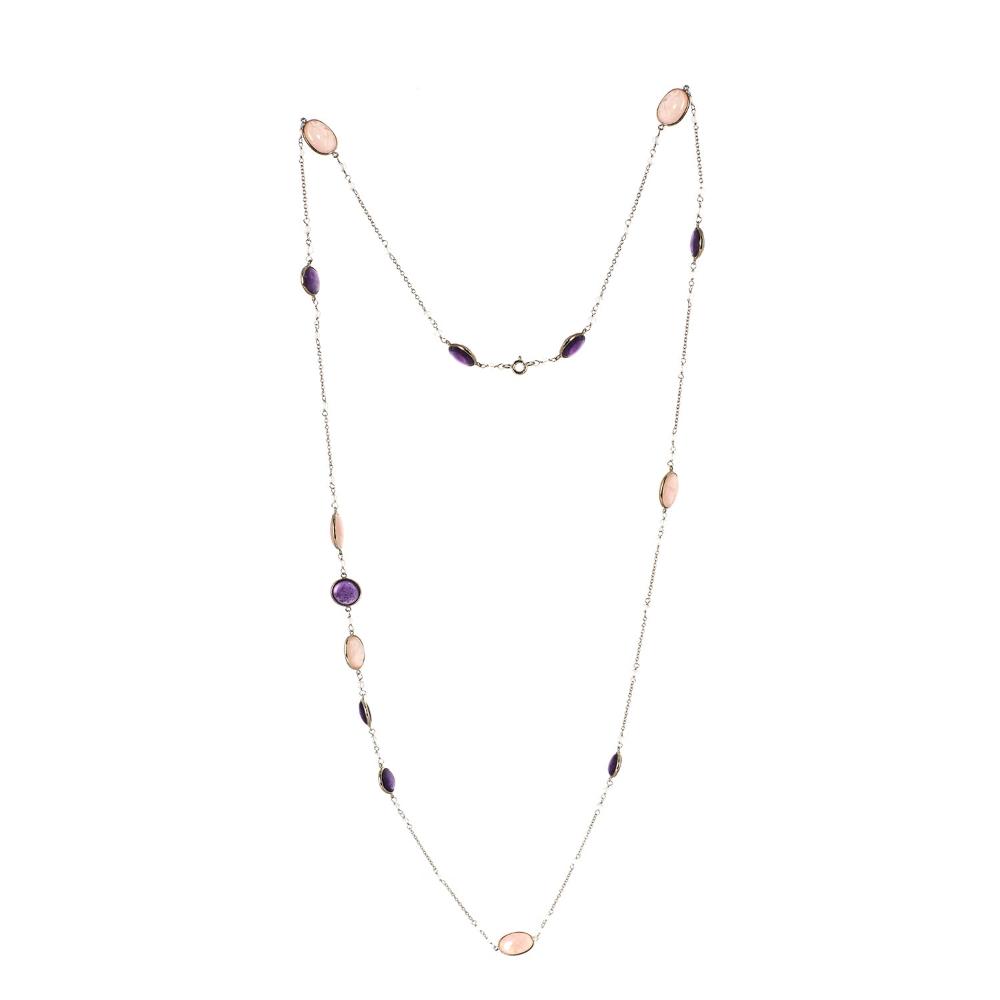 Rose Quartz & Amethyst Long Gemstone Necklace | 925 Silver for Woman