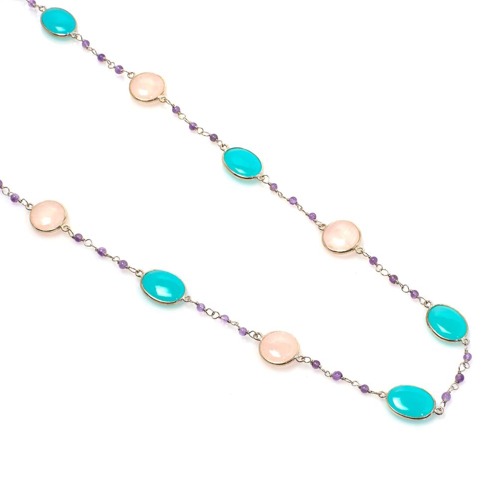 Rose Quartz & Chalcedony Gemstone Necklace | 925 Silver for Woman