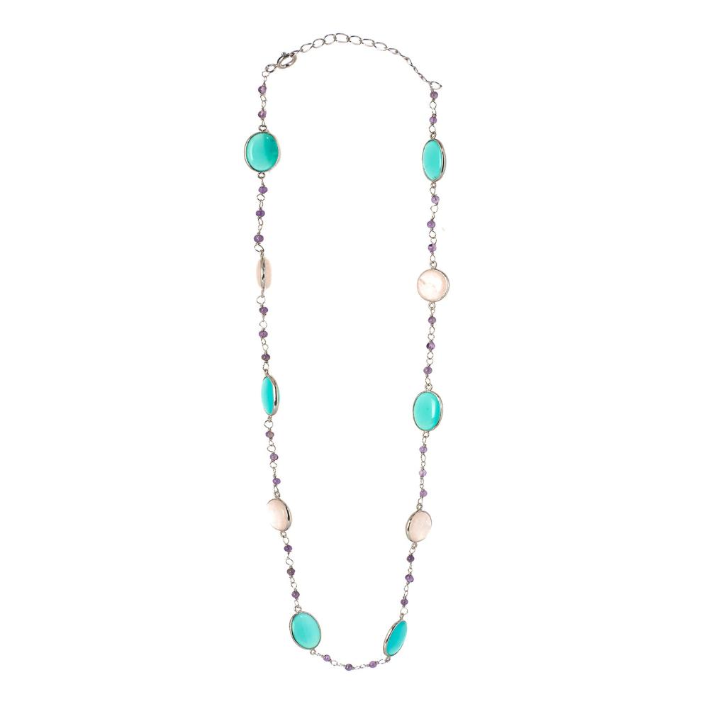 Rose Quartz & Chalcedony Gemstone Necklace | 925 Silver for Woman