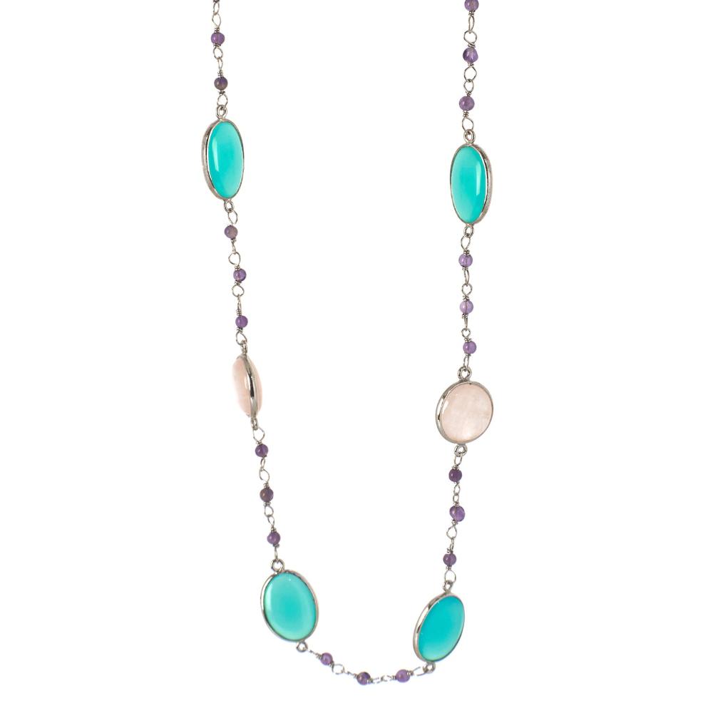 Rose Quartz & Chalcedony Gemstone Necklace | 925 Silver for Woman