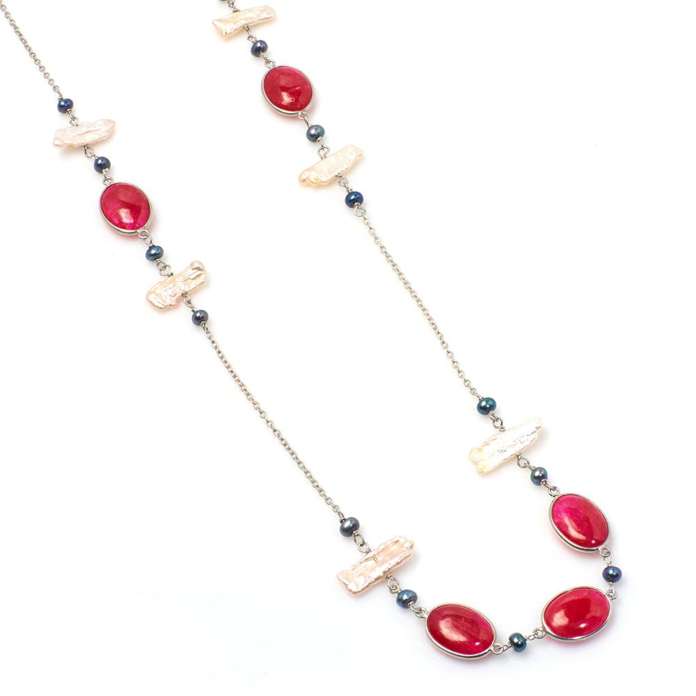 Ruby and Pearl Long Gemstone Necklace | 925 Silver for Woman