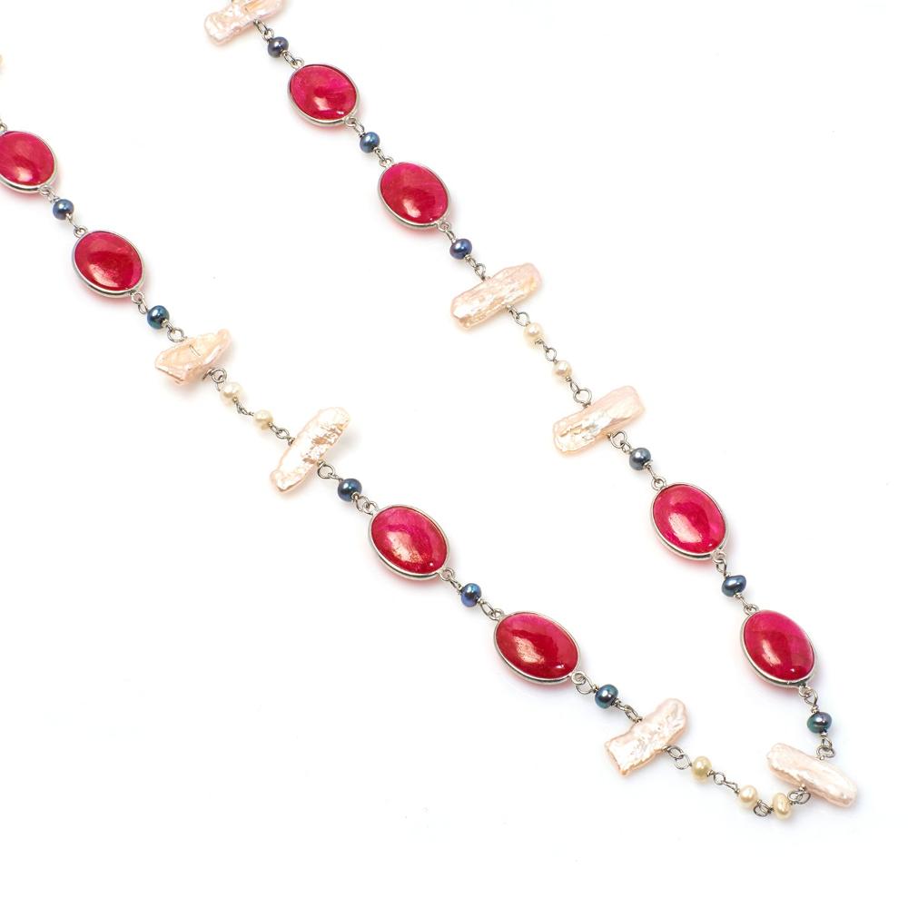 Ruby and Pearl Gemstone Necklace | 925 Silver for Woman