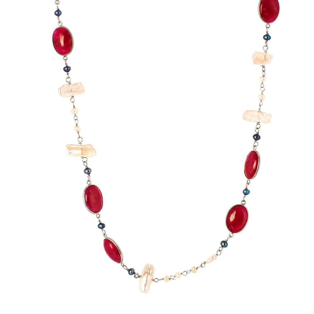 Ruby and Pearl Gemstone Necklace | 925 Silver for Woman