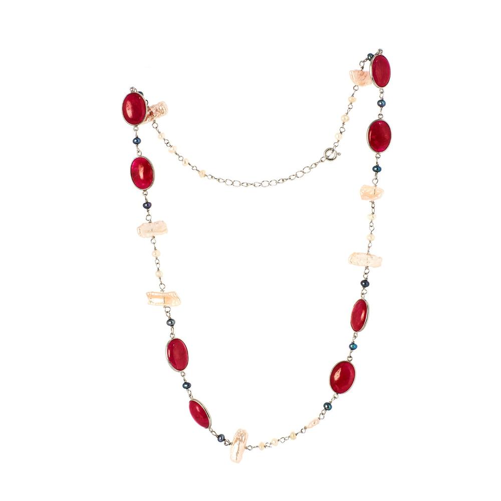 Ruby and Pearl Gemstone Necklace | 925 Silver for Woman
