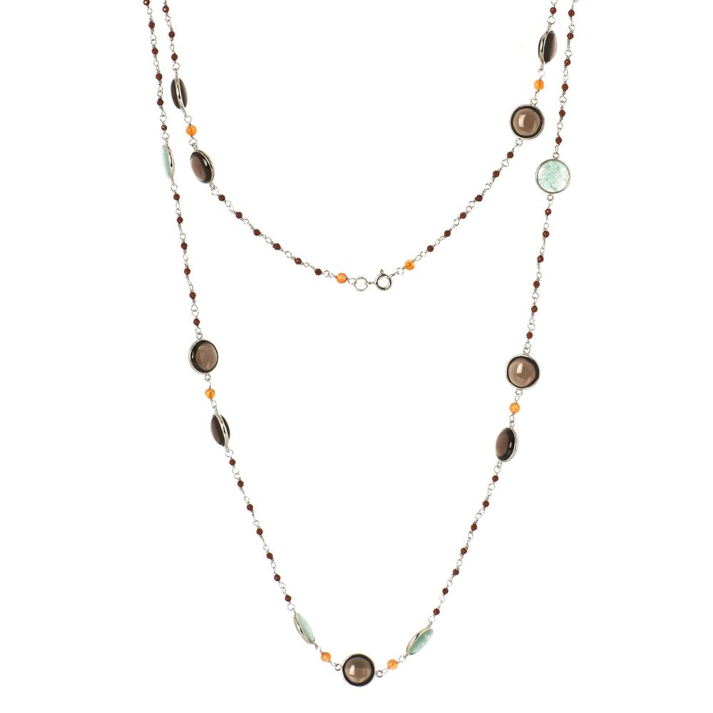 Smoky Quartz & Aventurine Long Gemstone Necklace | 925 Silver for Woman