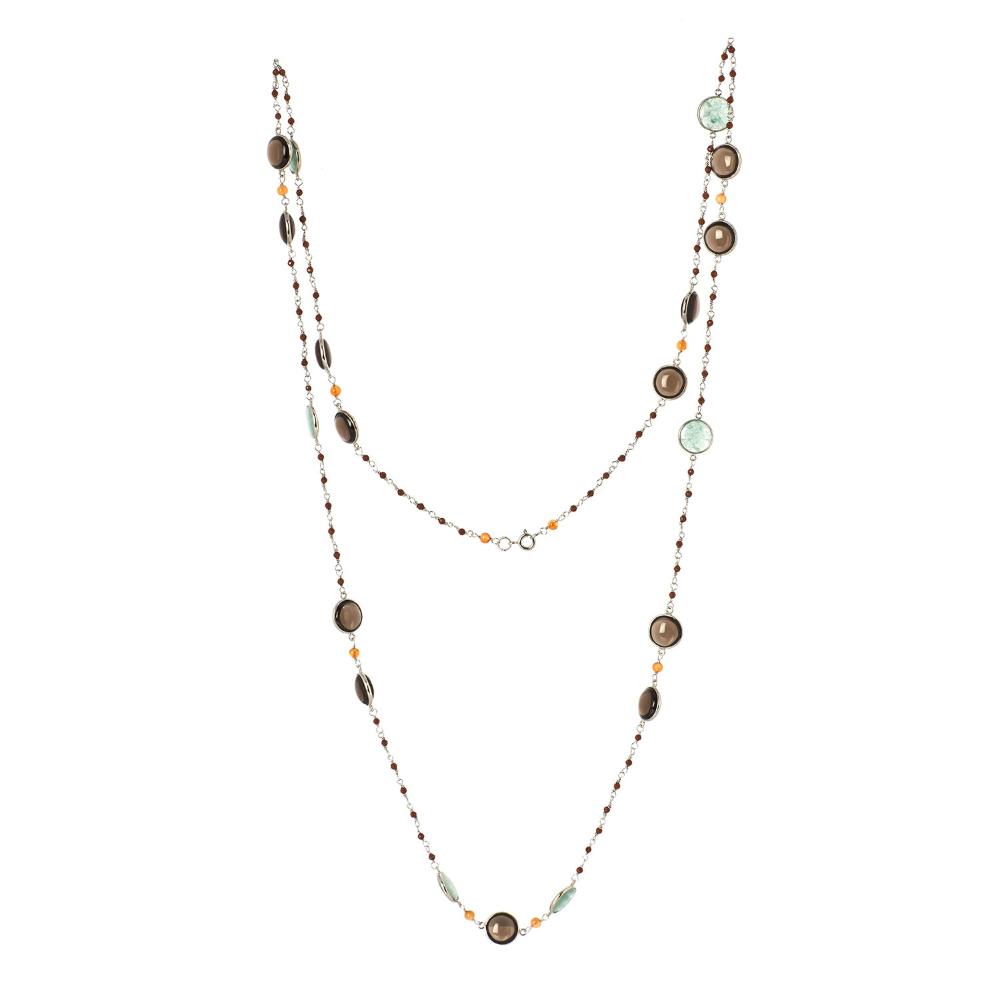 Smoky Quartz & Aventurine Long Gemstone Necklace | 925 Silver for Woman