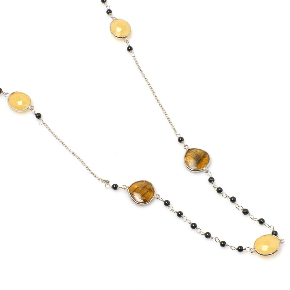 Tiger Eye Black Onyx Mango Jasper Gemstone Necklace | 925 Silver for Woman