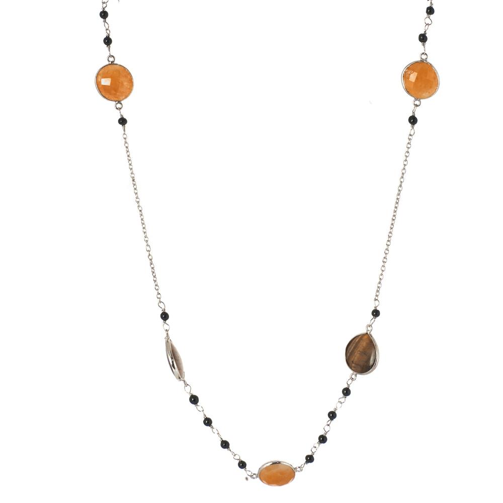 Tiger Eye Black Onyx Mango Jasper Gemstone Necklace | 925 Silver for Woman